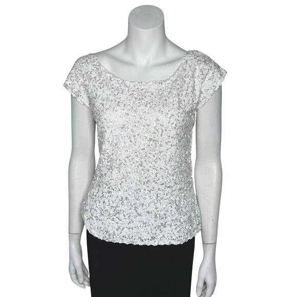 Josephine Tops - Josephine Sequin Evening Blouse Women’s Medium White Cap Sleeve Sparkle Top